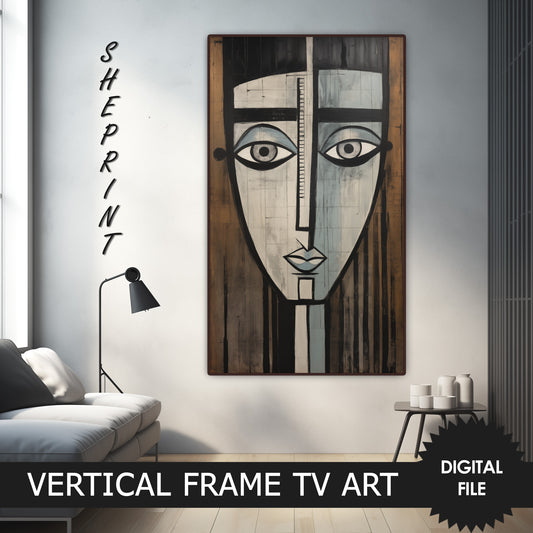 Vertical Frame TV Art, Woman Face Cubist Abstract Art, Neutral Colors preview on Samsung Frame TV when mounted vertically
