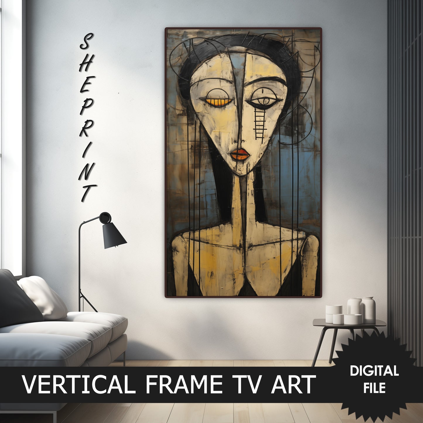 Vertical Frame TV Art, Woman Art Brut Abstract Art, preview on samsung frame tv when mounted vertically