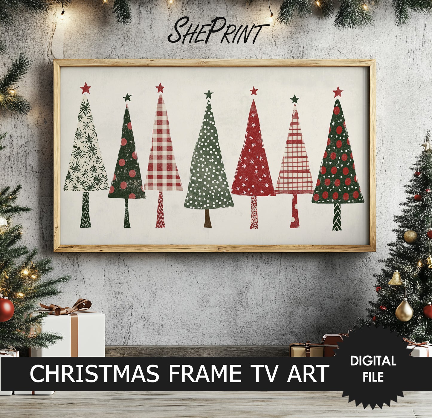 Samsung Frame TV Art Christmas Trees Rustic Collage preview with light wooden frame