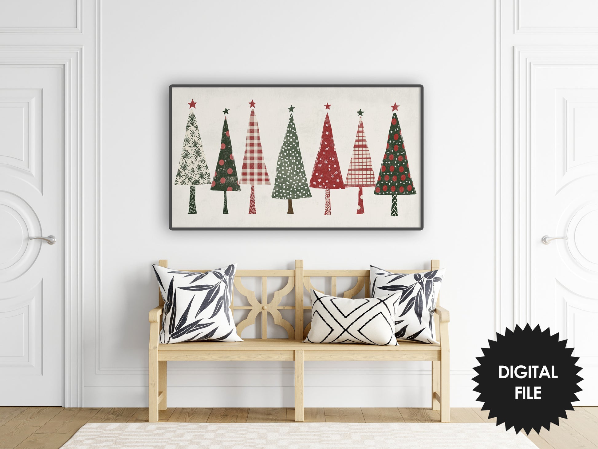 Samsung Frame TV Art Christmas Trees Rustic Collage preview in rustic ambience