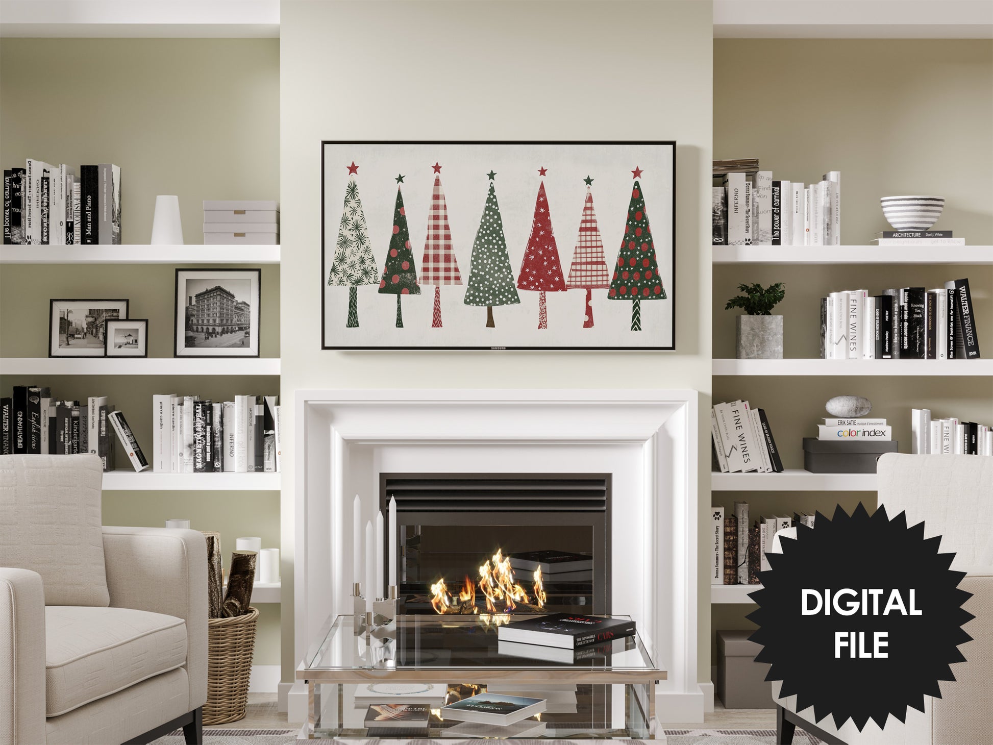 Samsung Frame TV Art Christmas Trees Rustic Collage preview in modern living room