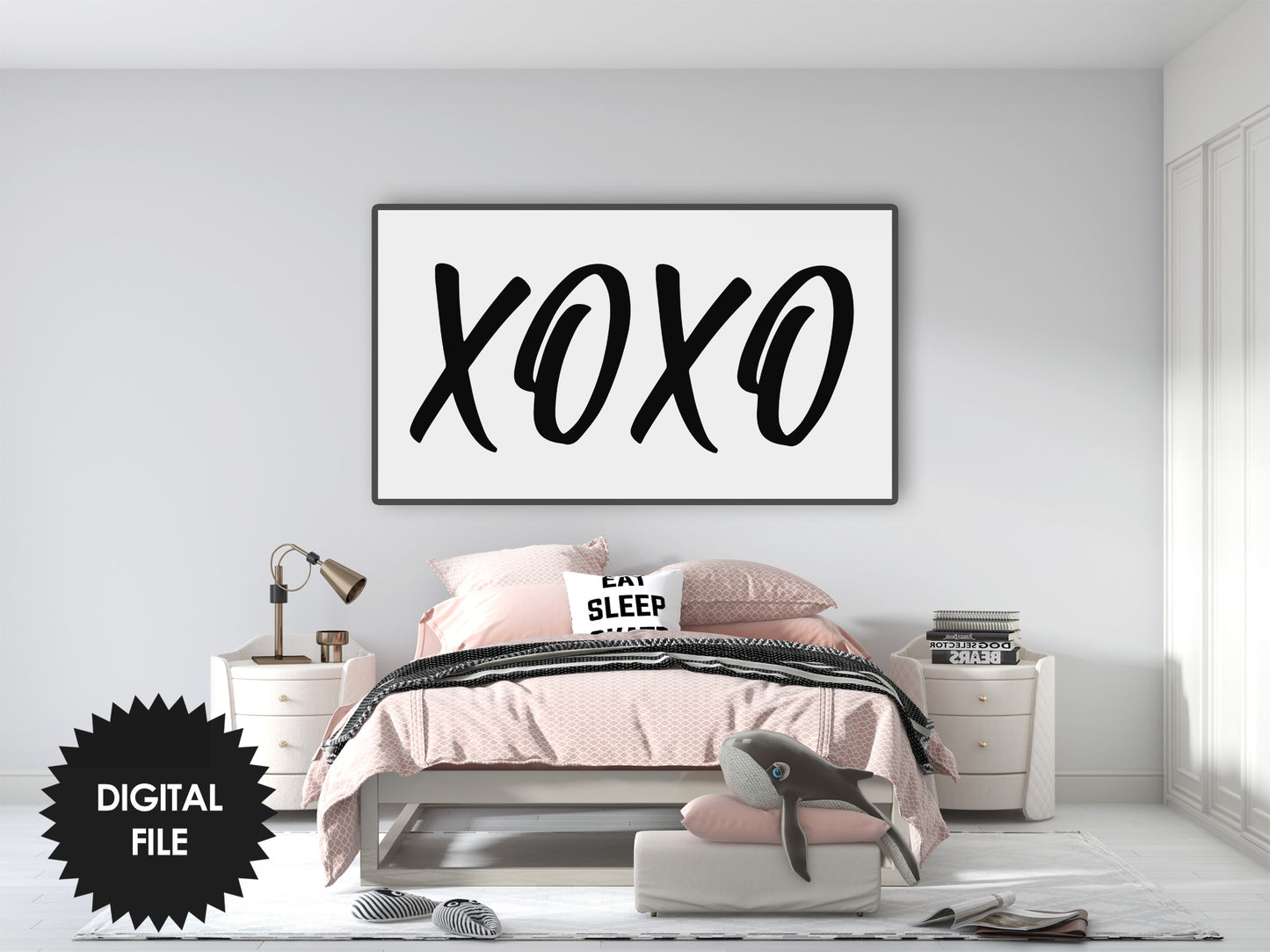 Happy Valentines Day TV Art XOXO | Modern Black and White Art preview in bedroom