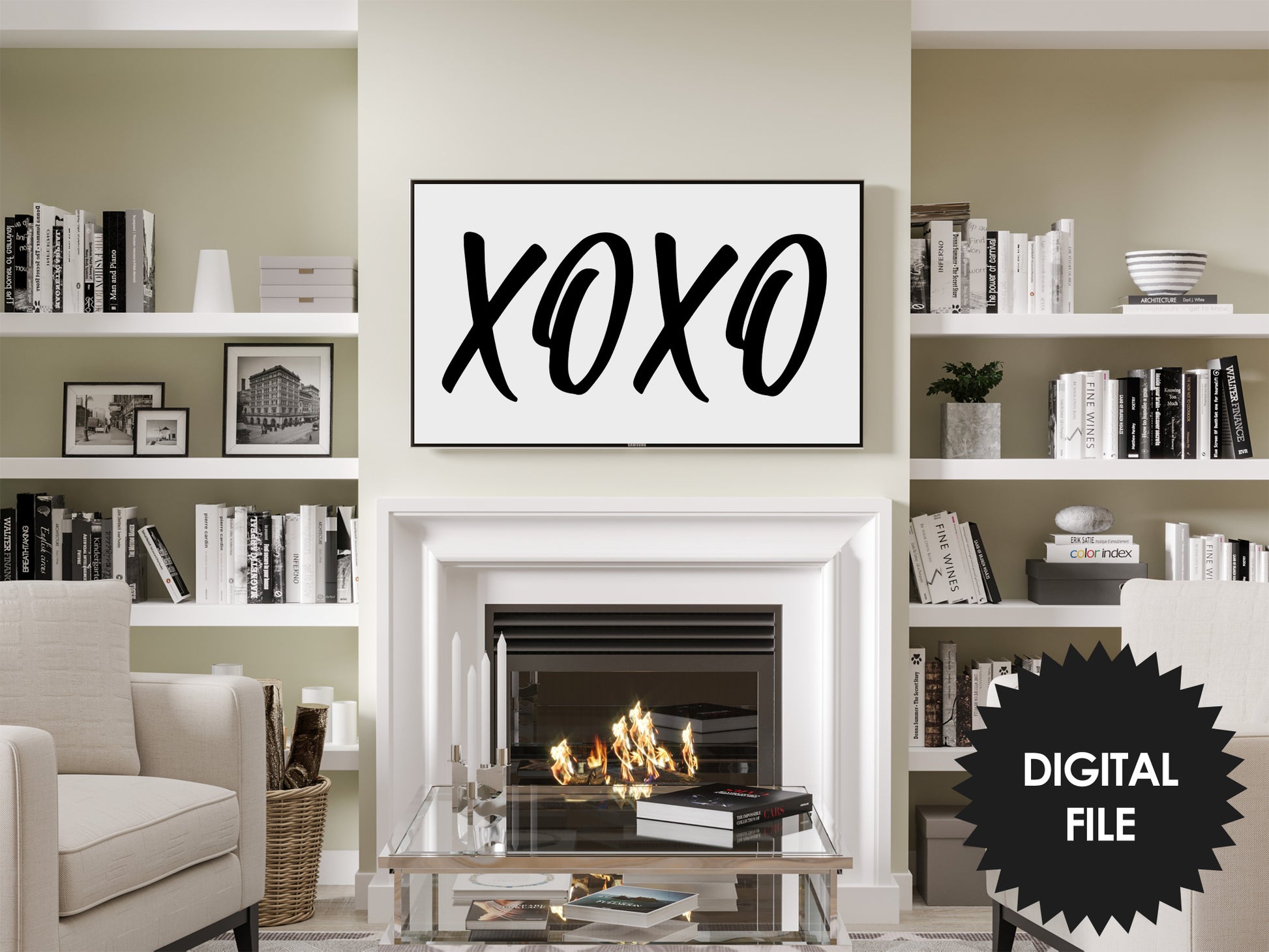 Happy Valentines Day TV Art XOXO | Modern Black and White Art preview in modern minimalist ambience