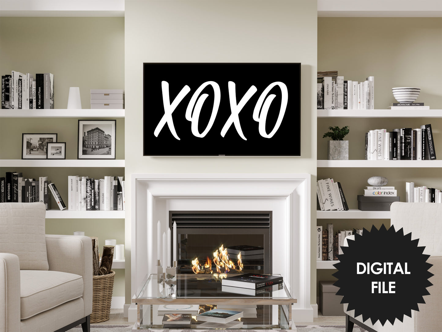 Happy Valentines Day TV Art XOXO | Modern White on Black Art preview in modern black and white ambience