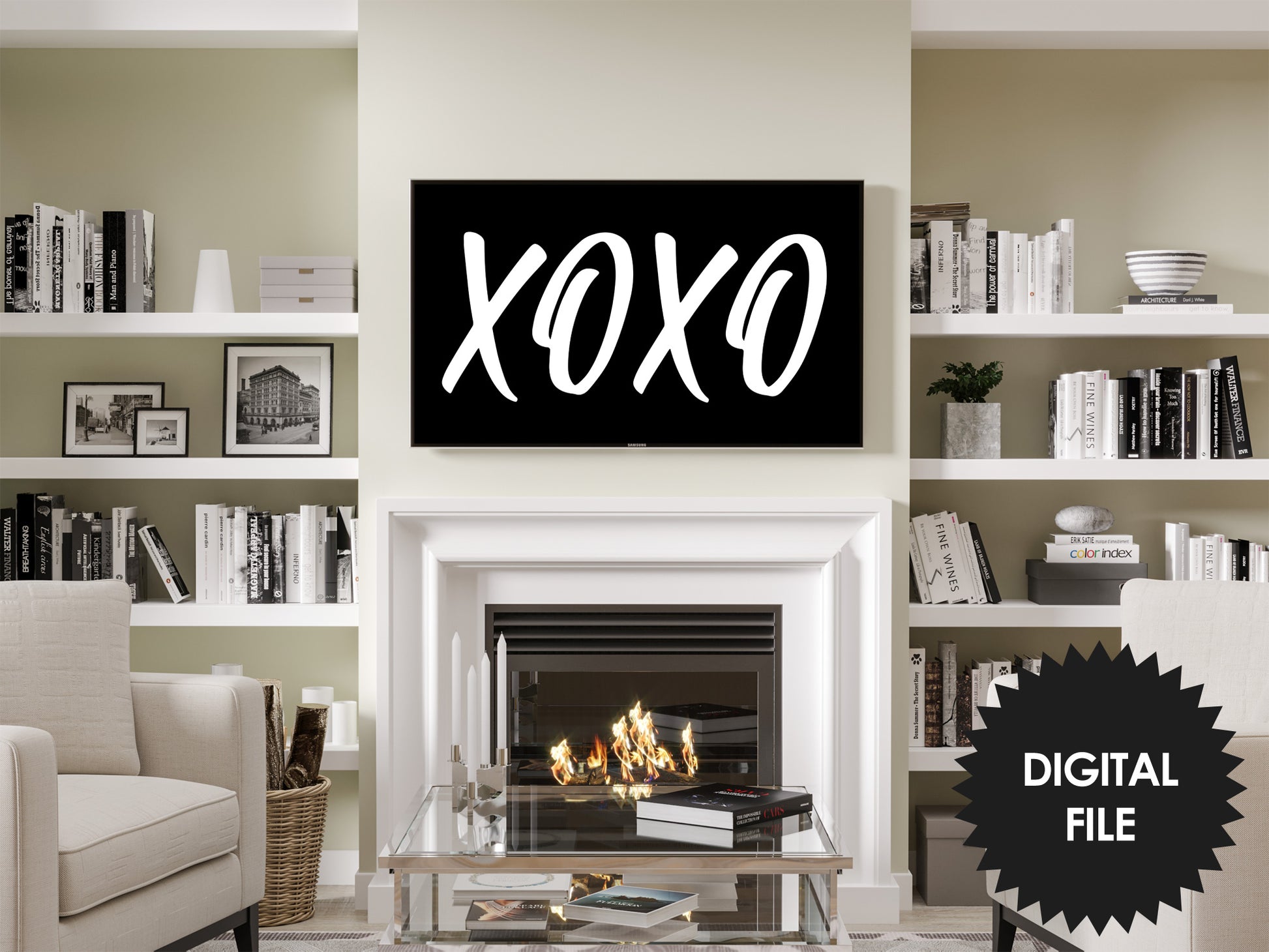 Happy Valentines Day TV Art XOXO | Modern White on Black Art preview in modern black and white ambience