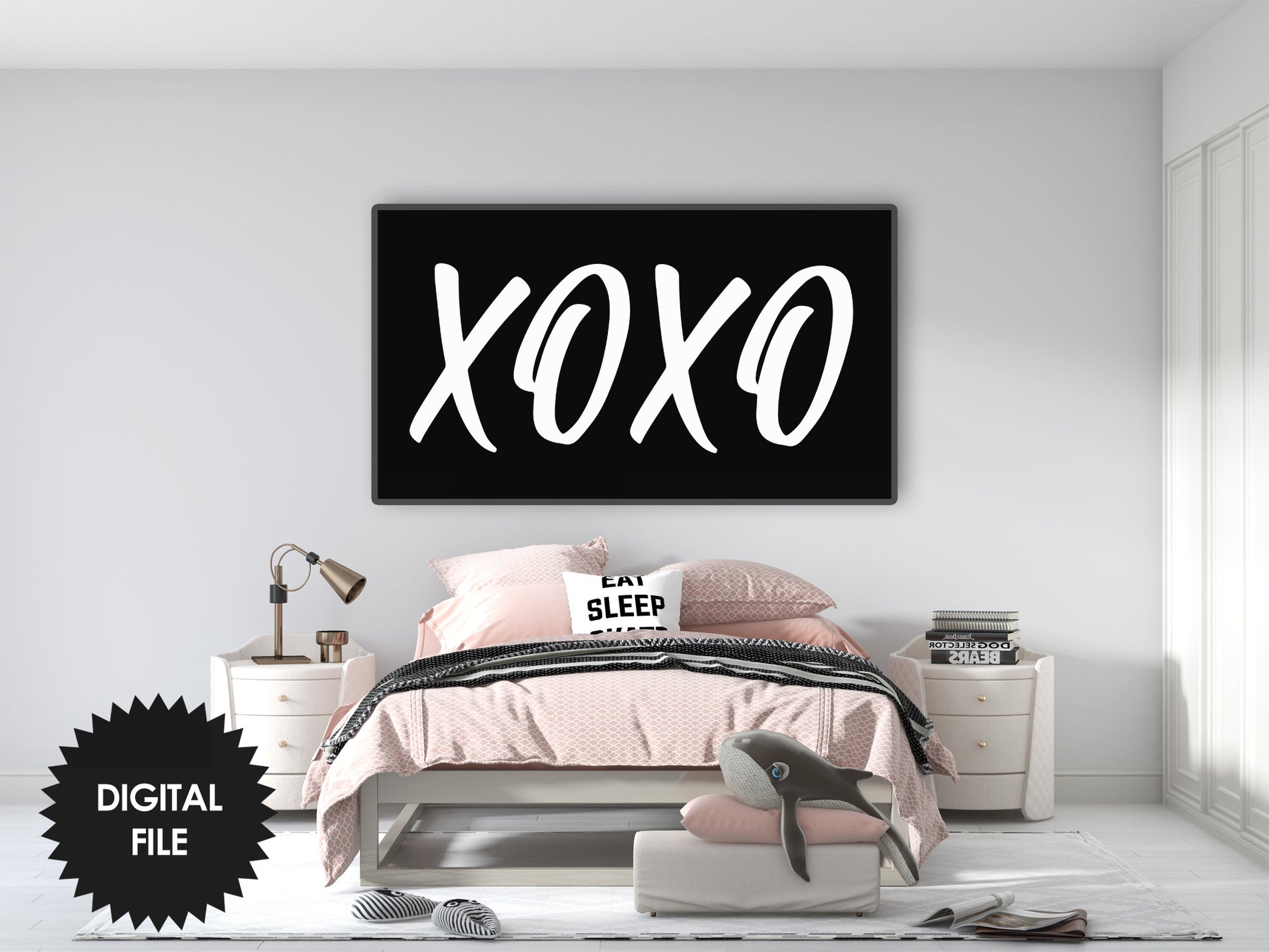Happy Valentines Day TV Art XOXO | Modern White on Black Art preview in bedroom