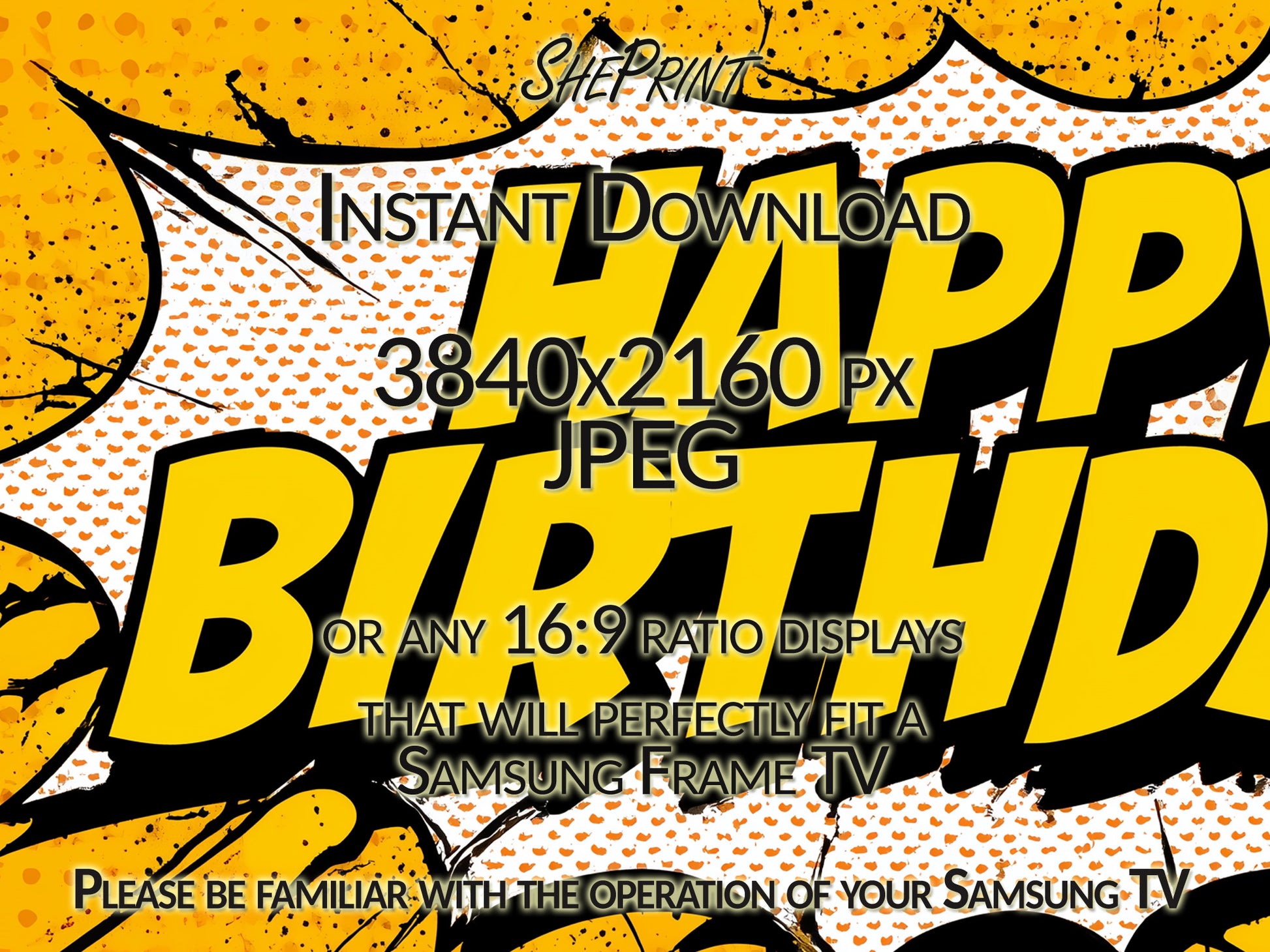 Birthday TV Art For Boys | Yellow Black | Comic Style close up view