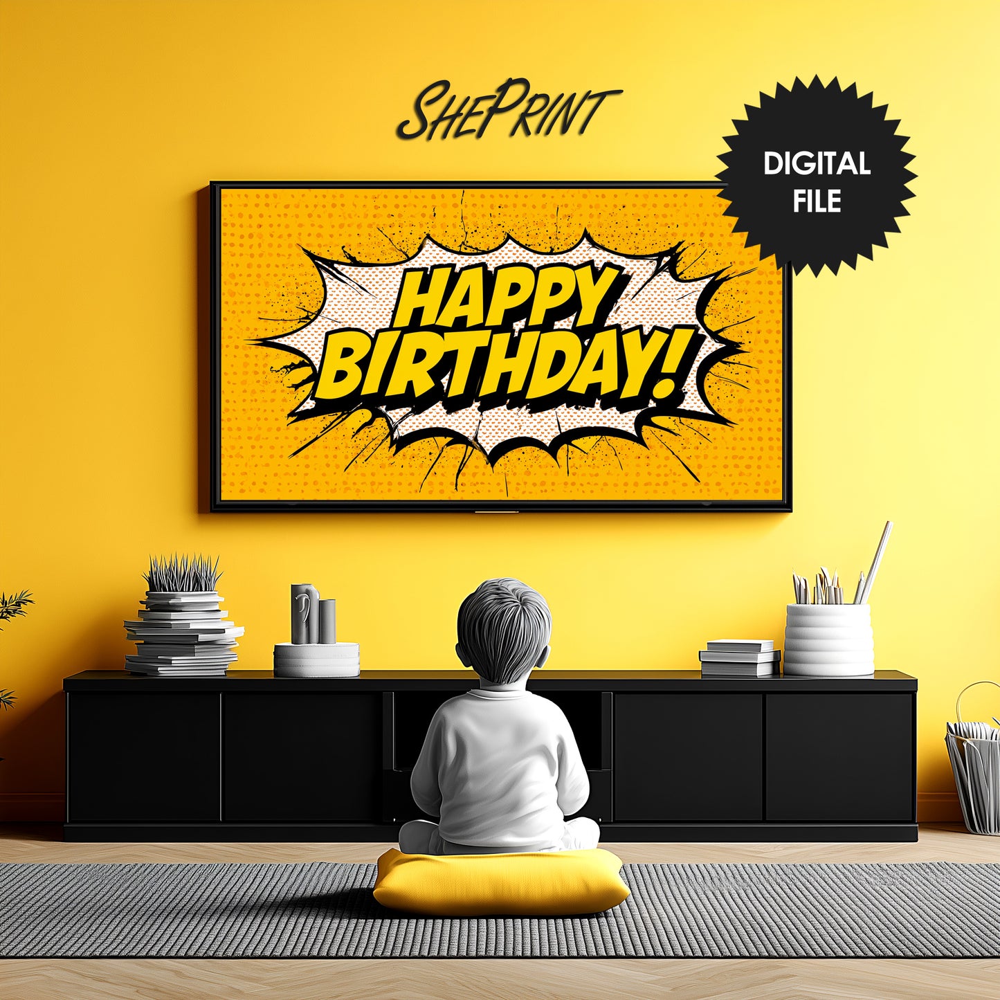 Birthday TV Art For Boys | Yellow Black | Comic Style preview on Samsung Frame TV in living room