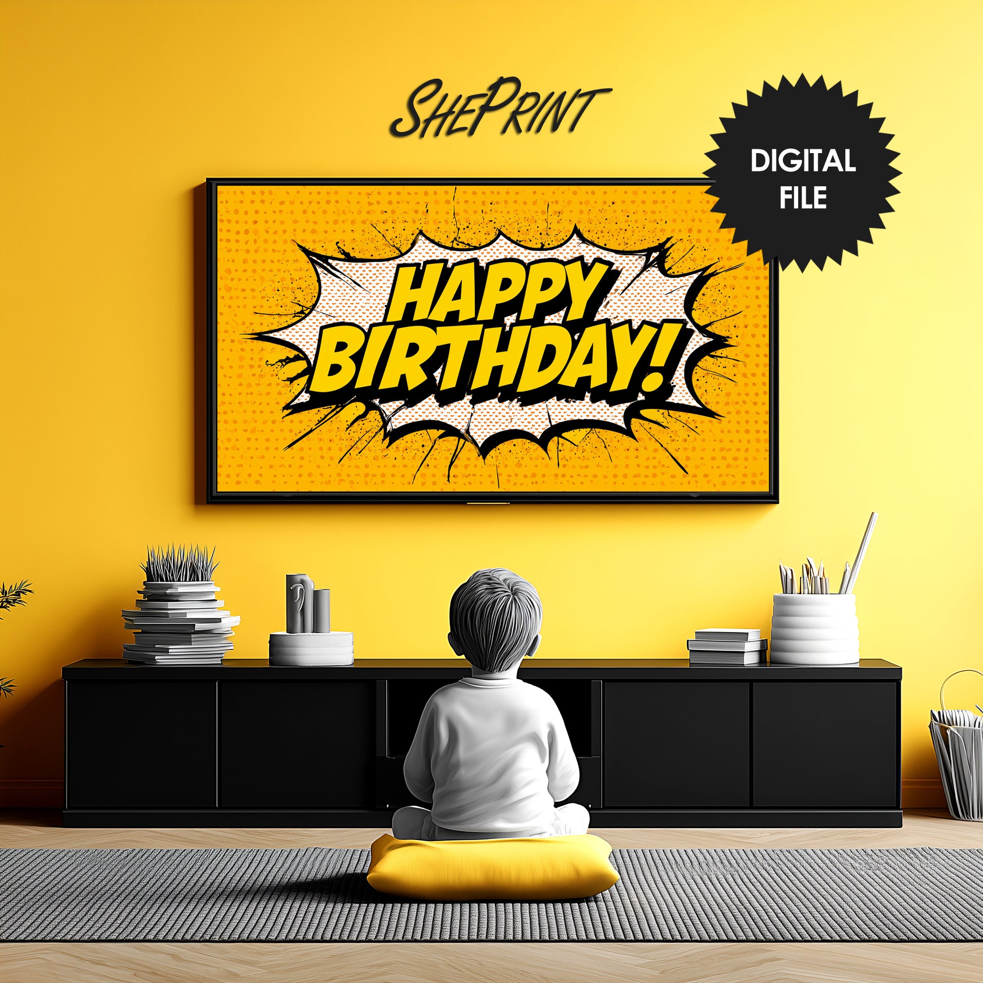 Birthday TV Art For Boys | Yellow Black | Comic Style preview on Samsung Frame TV in living room