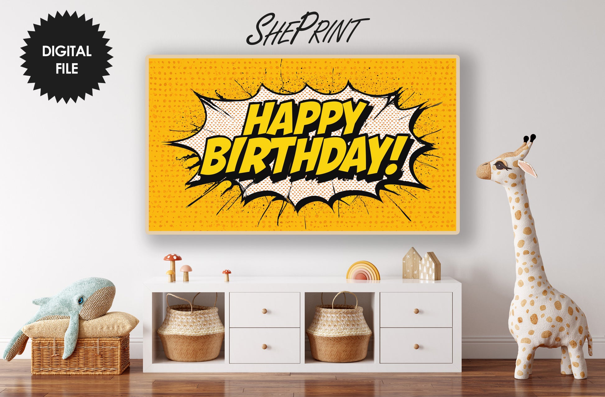 Birthday TV Art For Boys | Yellow Black | Comic Style preview on Samsung Frame TV in kids room