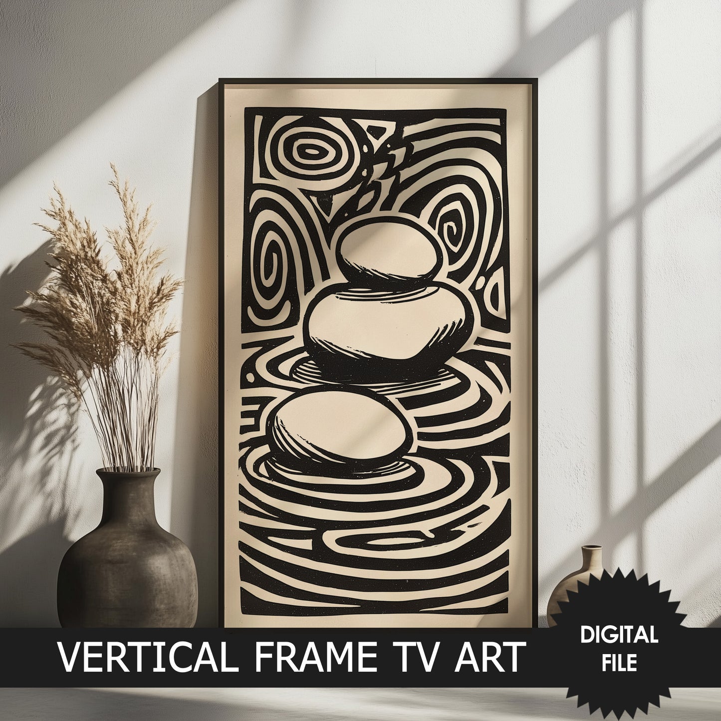 Zen Rocks Linocut Vertical TV Art, 2160x3840px JPEG, Instant Digital Download
