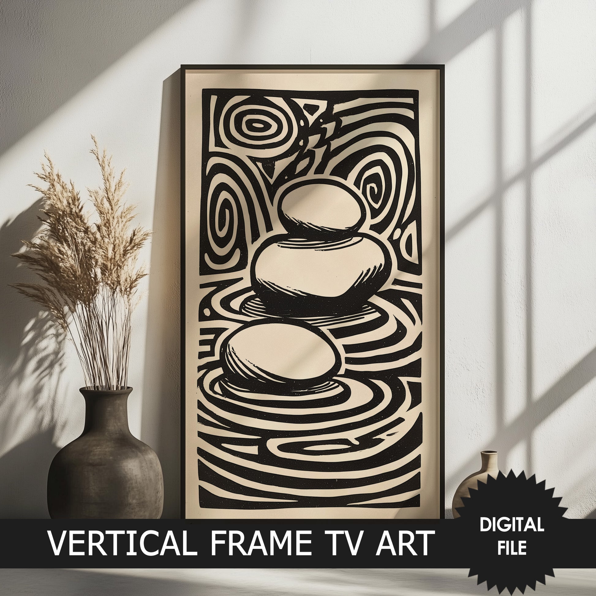 Zen Rocks Linocut Vertical TV Art, 2160x3840px JPEG, Instant Digital Download