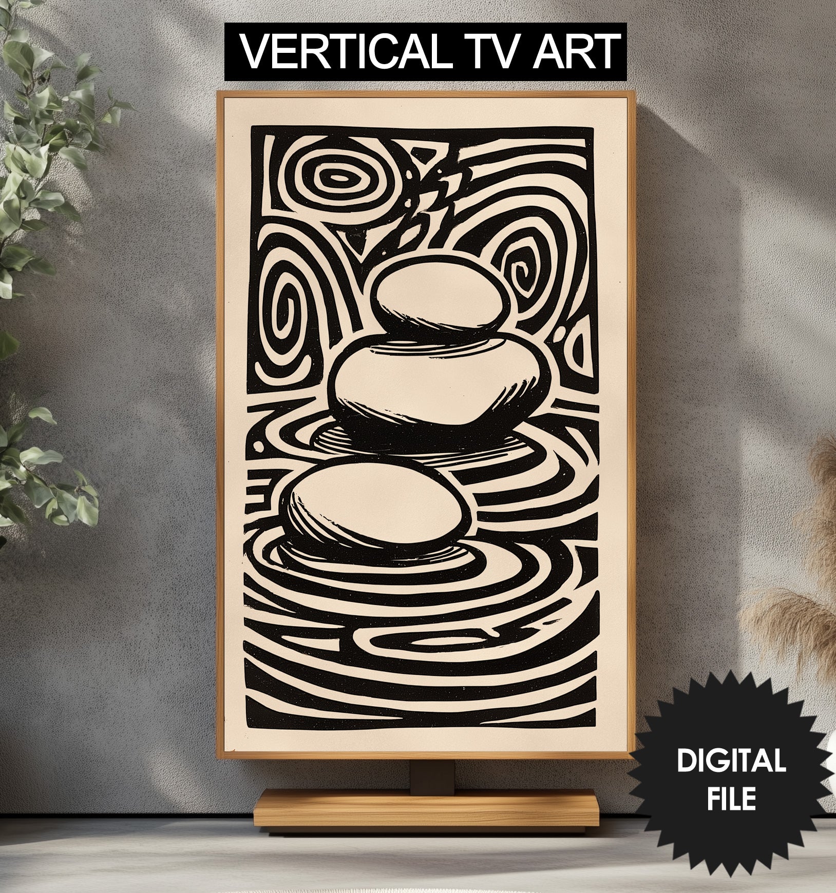 Zen Rocks Linocut Vertical TV Art, 2160x3840px JPEG, Instant Digital Download preview 2