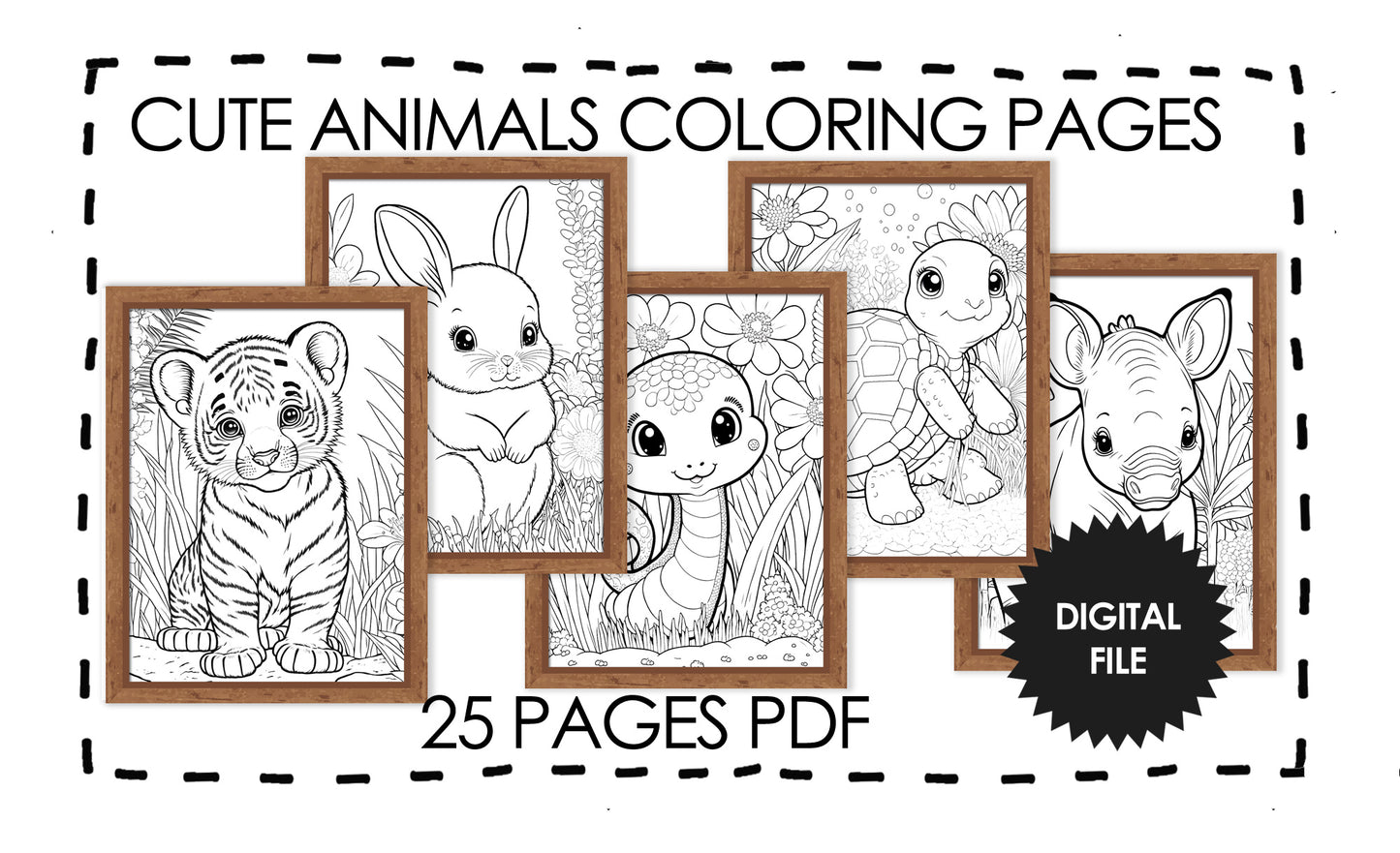 25 Cute Baby Animals Coloring Pages With Wooden Frame, Ready to Hang on Wall, Coloring Book For Kids, Instant Download PDF, Print At Home