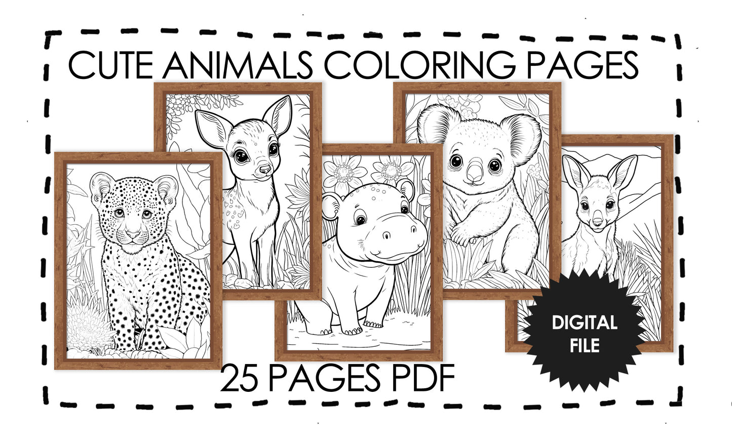 25 Cute Baby Animals Coloring Pages With Wooden Frame, Ready to Hang on Wall, Coloring Book For Kids, Instant Download PDF, Print At Home