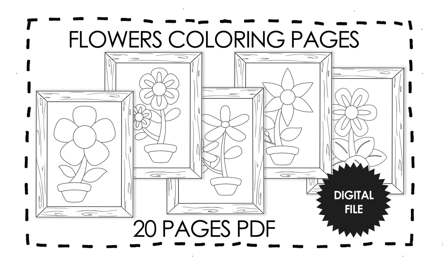 Flowers Coloring Pages For Kids, Wooden Frame, Ready to Hang on Wall, 20 Pages Coloring Book, Instant Download PDF Print At Home Letter Size
