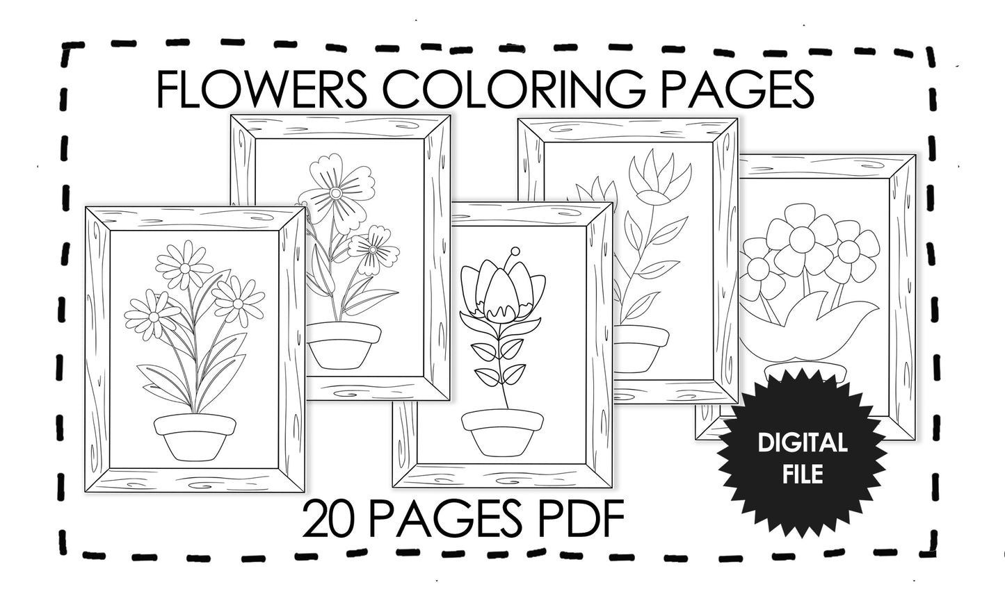 Flowers Coloring Pages For Kids, Wooden Frame, Ready to Hang on Wall, 20 Pages Coloring Book, Instant Download PDF Print At Home Letter Size