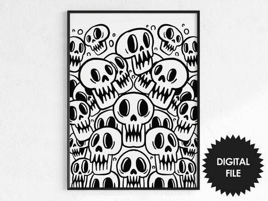 Halloween Wall Print Skulls, Boy Room Wall Print, Black & White, 17x22 In Coloring Poster, Instant Download PNG, Kids Halloween Poster