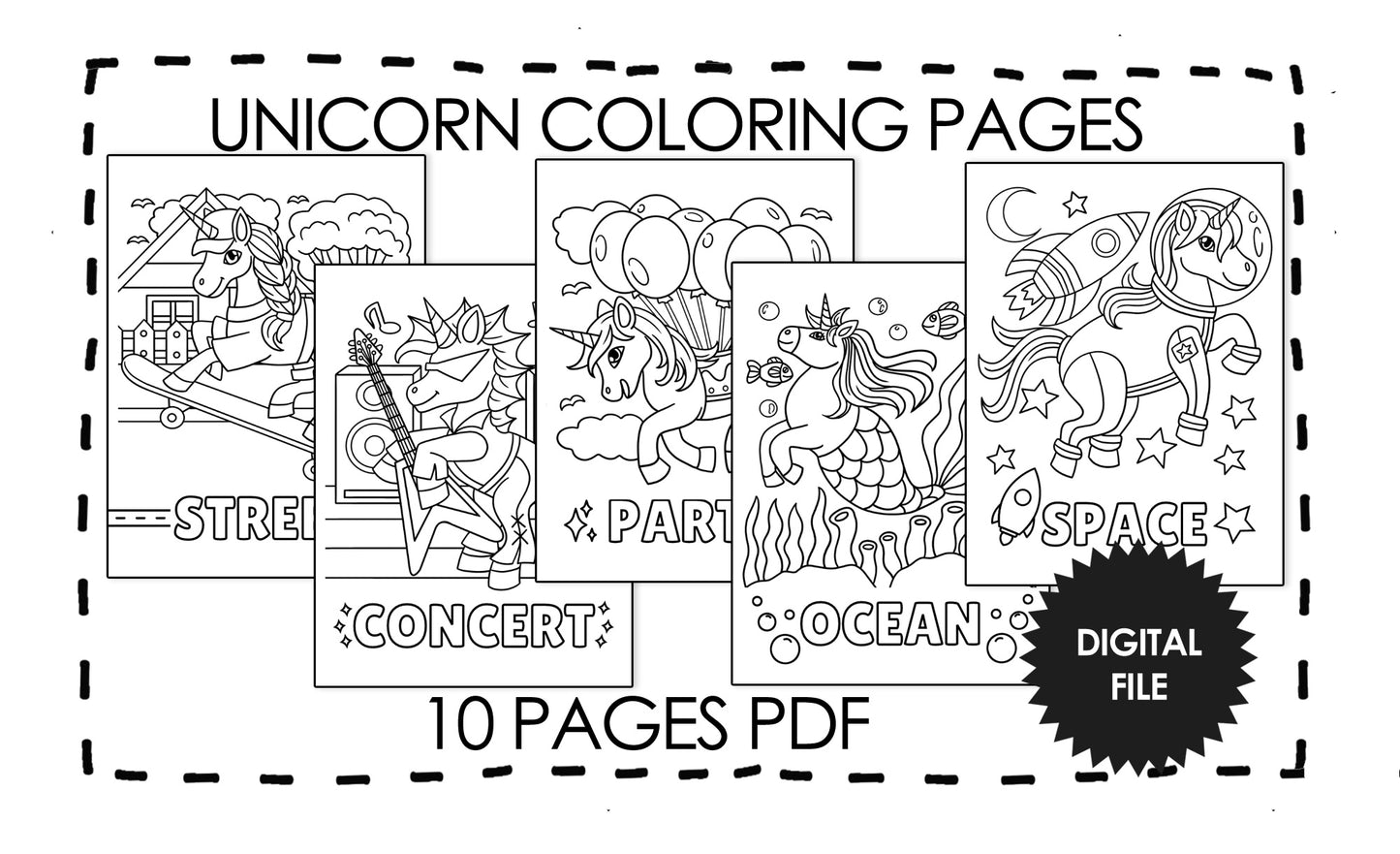Unicorn Coloring Pages for Kids, Pony Coloring Book, Activities For Kids Instant Download 10 pages PDF Print At Home, Birthday Gift for Kids