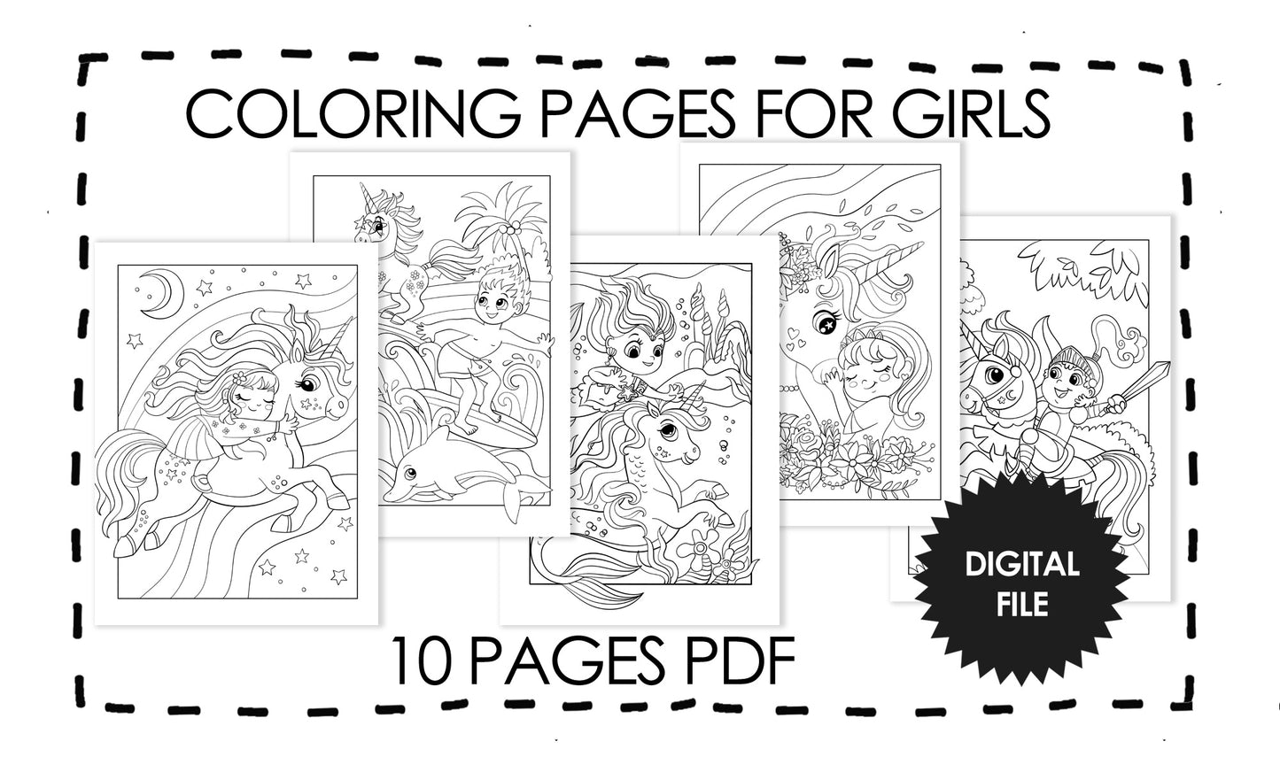 Unicorn Coloring Pages For Girls, Cute Unicorns Coloring Book,Instant Download 10 page PDF,Print At Home, Get Your Coloring Pages in Seconds