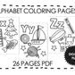 Alphabet Coloring Pages for Kids, Preschool ABC Coloring Book, Kids Printables, Instant Download PDF 26 Pages, Print At Home, Download Now